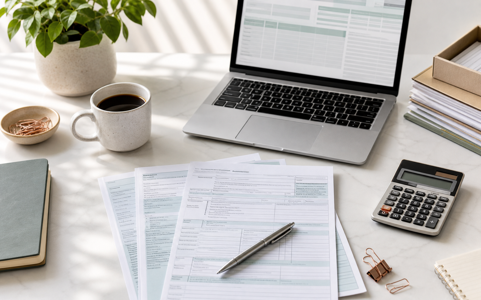 Organized desk with tax forms, laptop, calculator, coffee, and plant